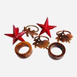 Cottage Farmhouse Mixed Wooden Metal Red Brown Stars Leaves Napkin Rings